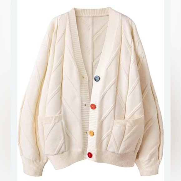 Ebossy Sweaters - Boho Free People Inspired Ebossy Off White Cable Knit Cardigan Colorful Button S